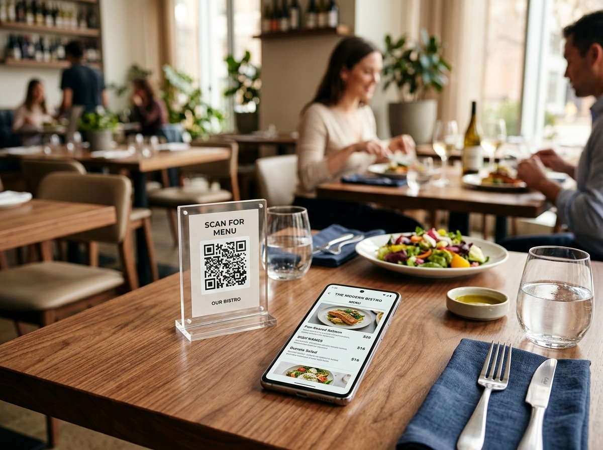 Tablio QR code stand on restaurant dining table with digital menu on smartphone