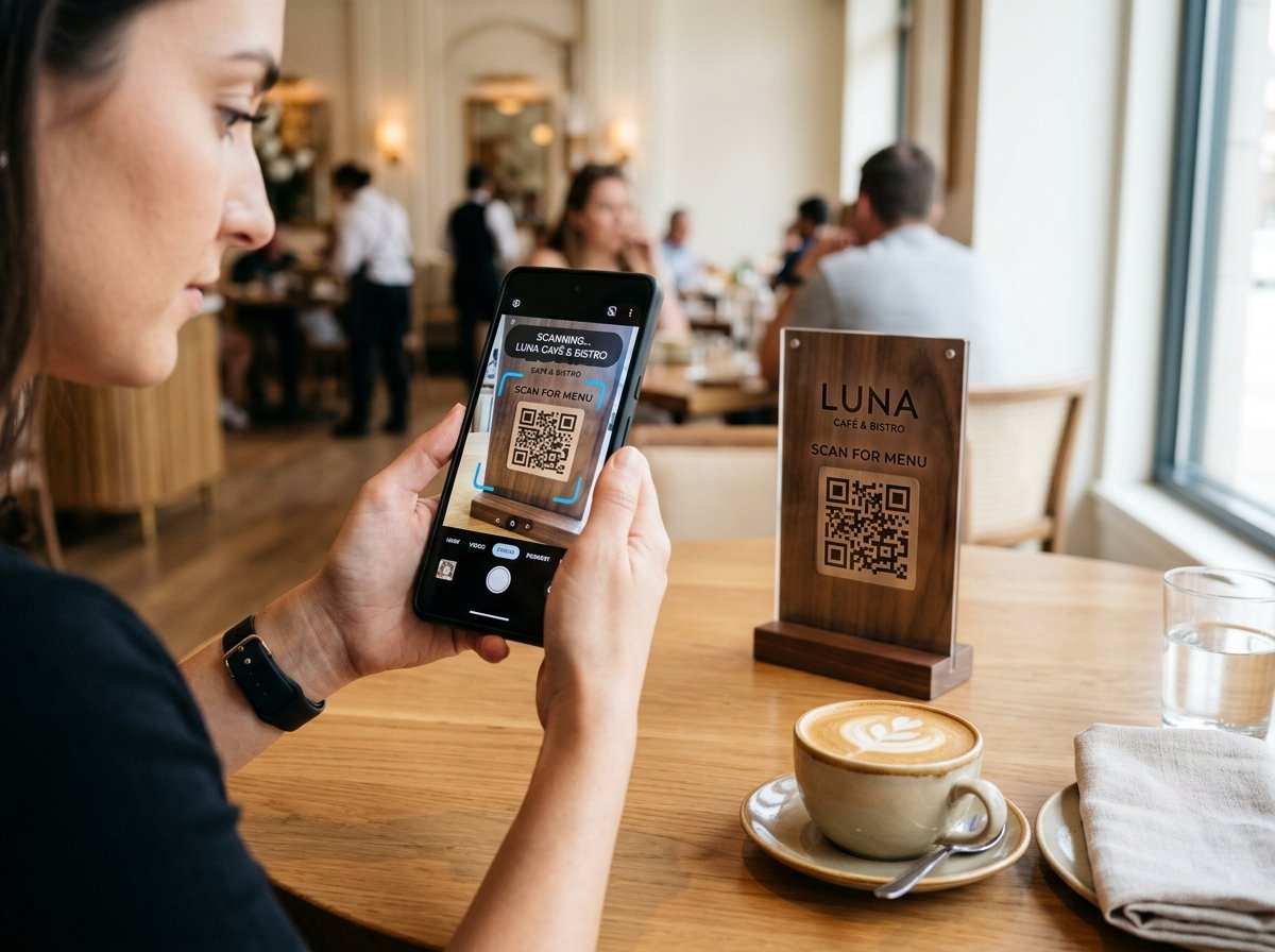Customer scanning a Tablio QR stand at a dining table